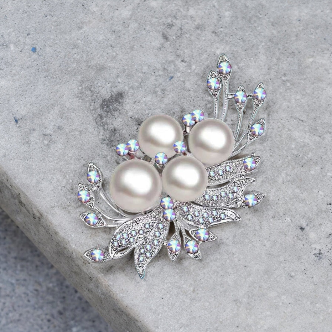 Silver botanical with pearls brooch