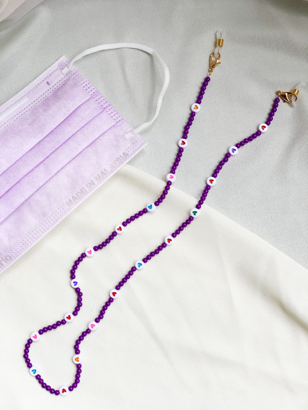 Kids’ mask chain - Purple beads with hearts chain